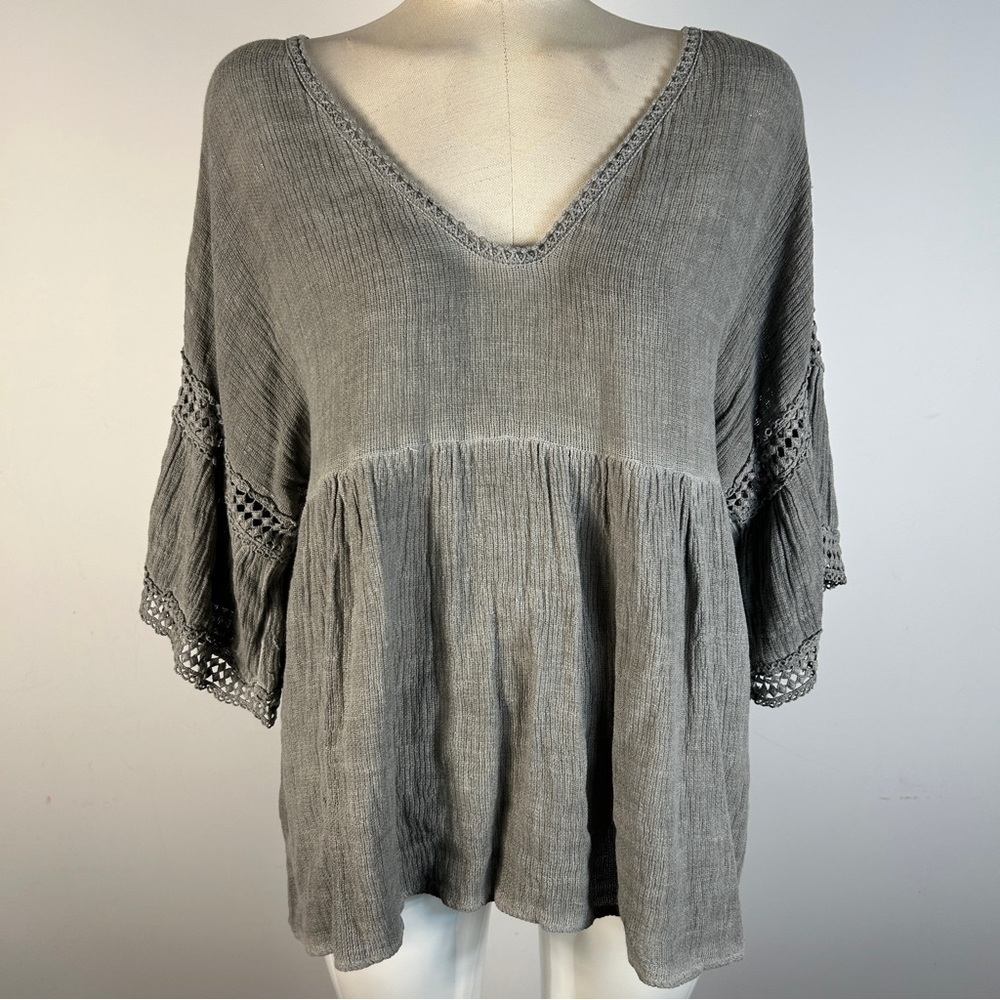 Miss Sugar Gray Blouse with Crochet Accents L-XL